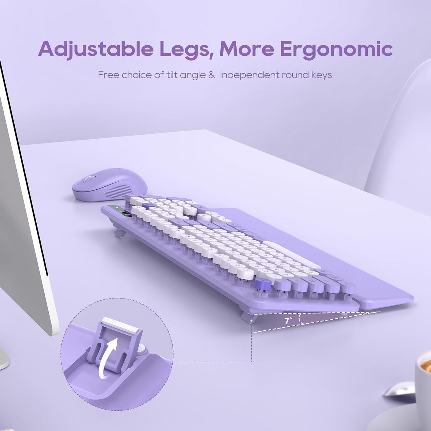 Wireless Keyboard and Mouse Combo, Cute Round Keycaps, Full-Size Retro Typewriter Keyboard with Detachable Wrist Rest, 2.4GHz Cordless Connection for Mac/Windows/PC/Laptop (Purple-Colorful)