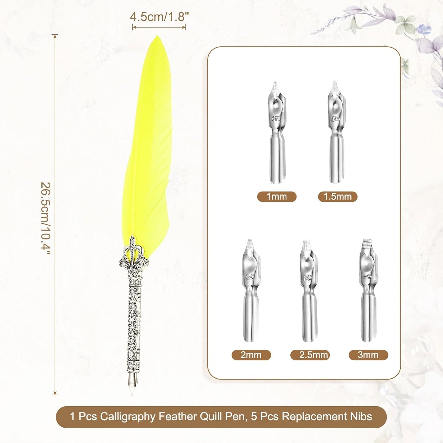 PATIKIL 26.5cm/10.4" Calligraphy Feather Quill Pen, Vintage Feather Dip Pen with 5 Replacement Nibs for Calligraphy Writing Wedding Office Gifts, Yellow