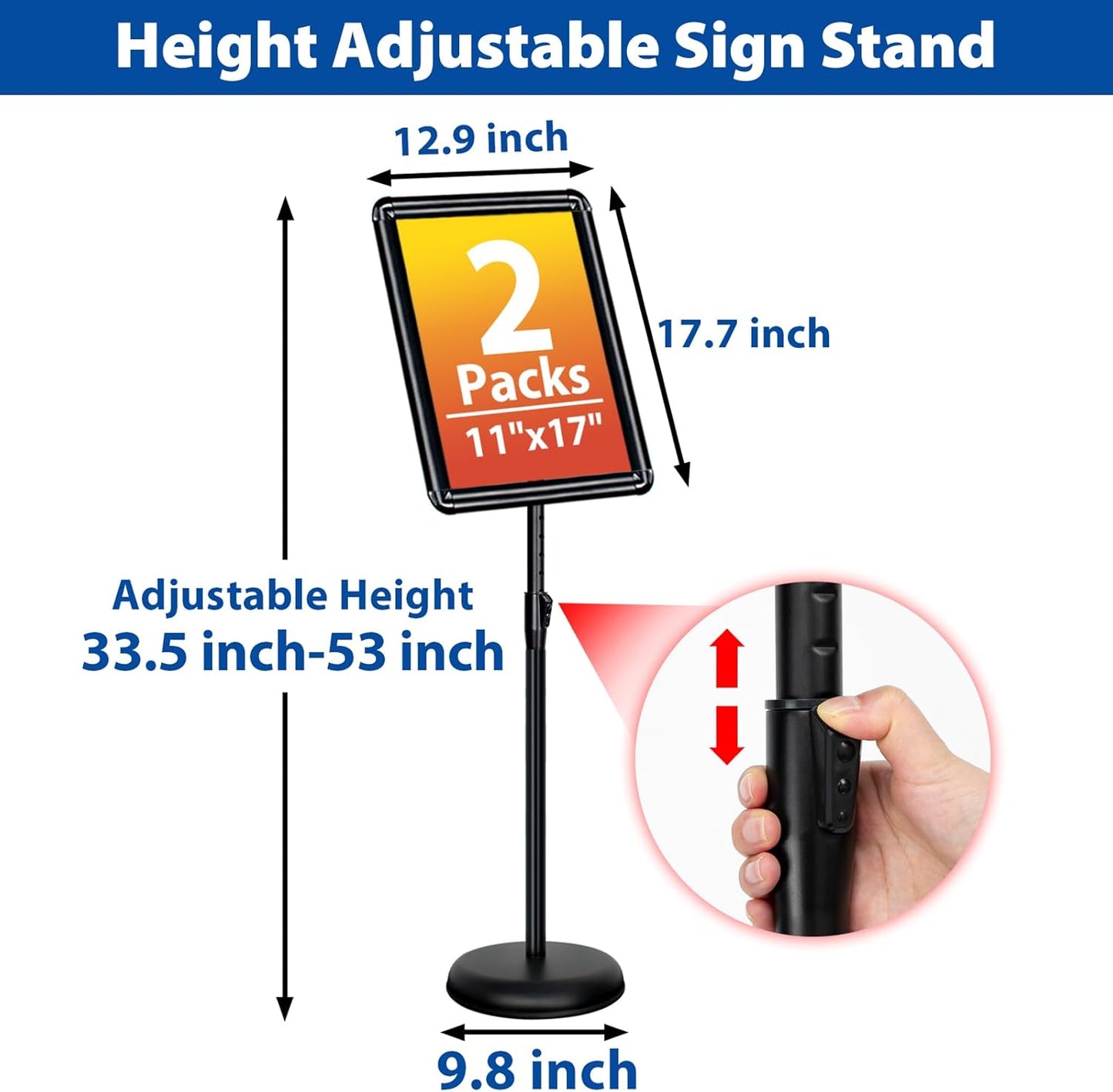 2-Pack 11x17 Inch Adjustable Sign Stand & Floor Standing Sign Holder - Pedestal Poster Stand with Vertical & Horizontal View Display for Indoor/Outdoor Business & Store Signage (Black)
