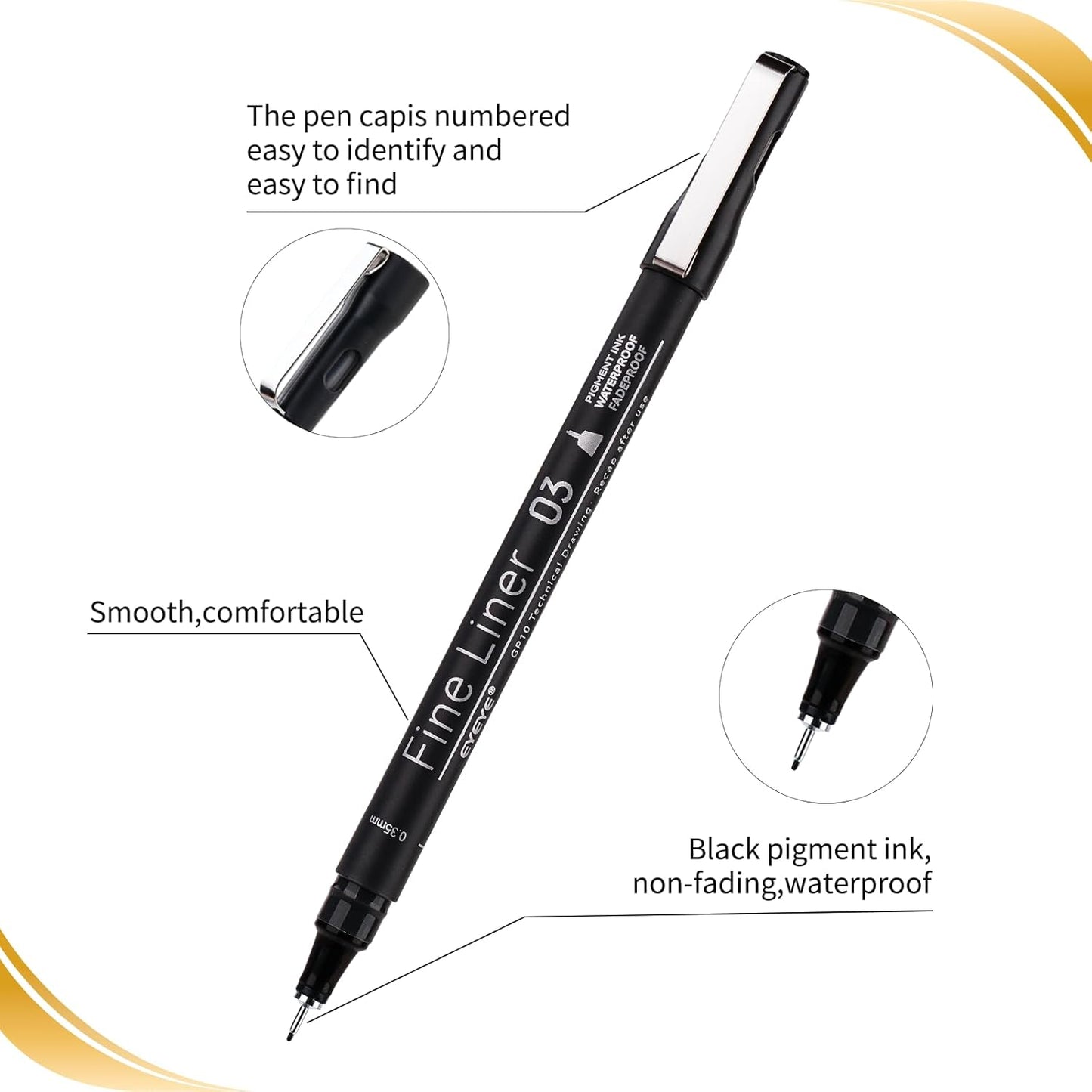EYEYE Micro Pen Black Drawing Art Pens,0.2/0.25/0.3/0.35/0.45/0.5mm Archival Pens Waterproof Ink Set Artist Supplies Archival Inking Markers Sketch Outline Pen