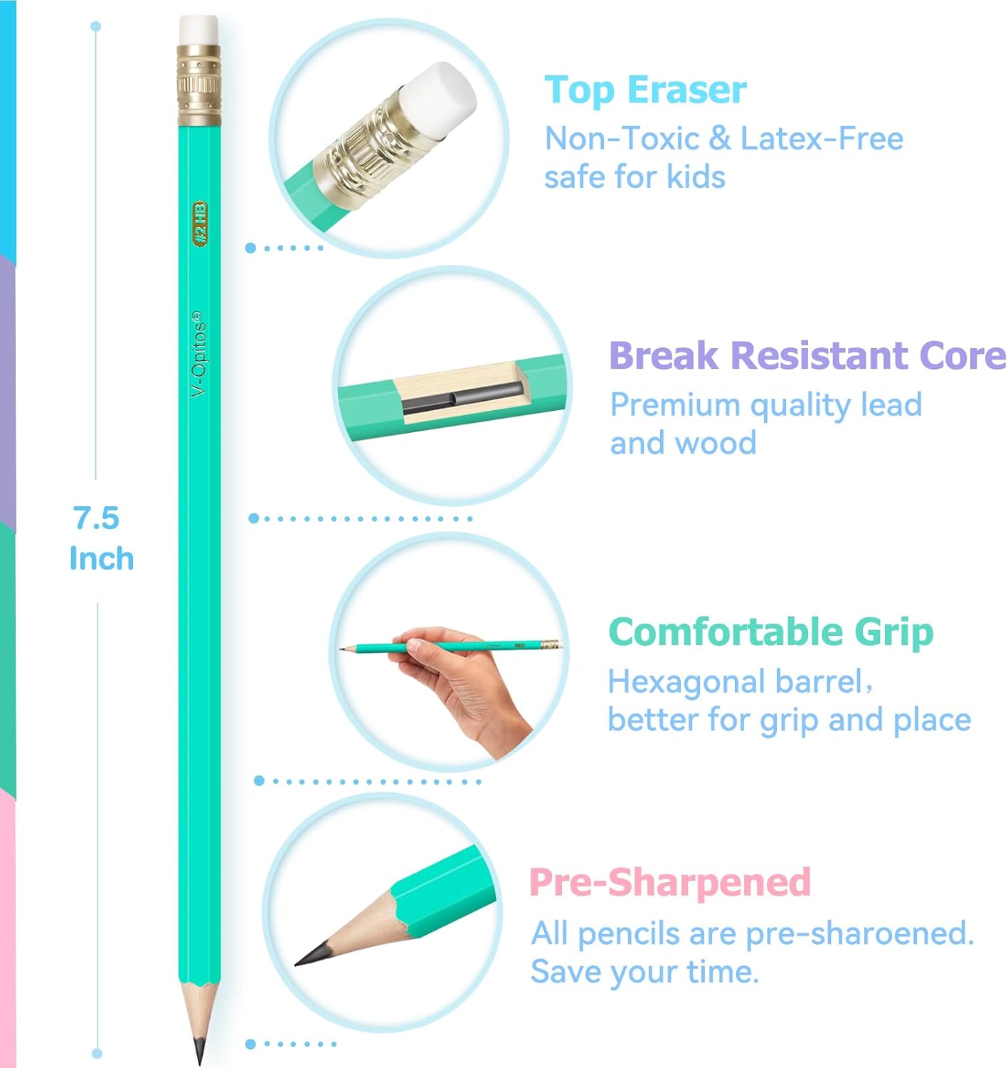 V-Opitos Wood-Cased #2 HB Pencils, 48 Pack Pre-Sharpened Pencils with Top Erasers, Bulk Pastel Color Pencils for School Teacher Supplies, Writing, Drawing and Sketching