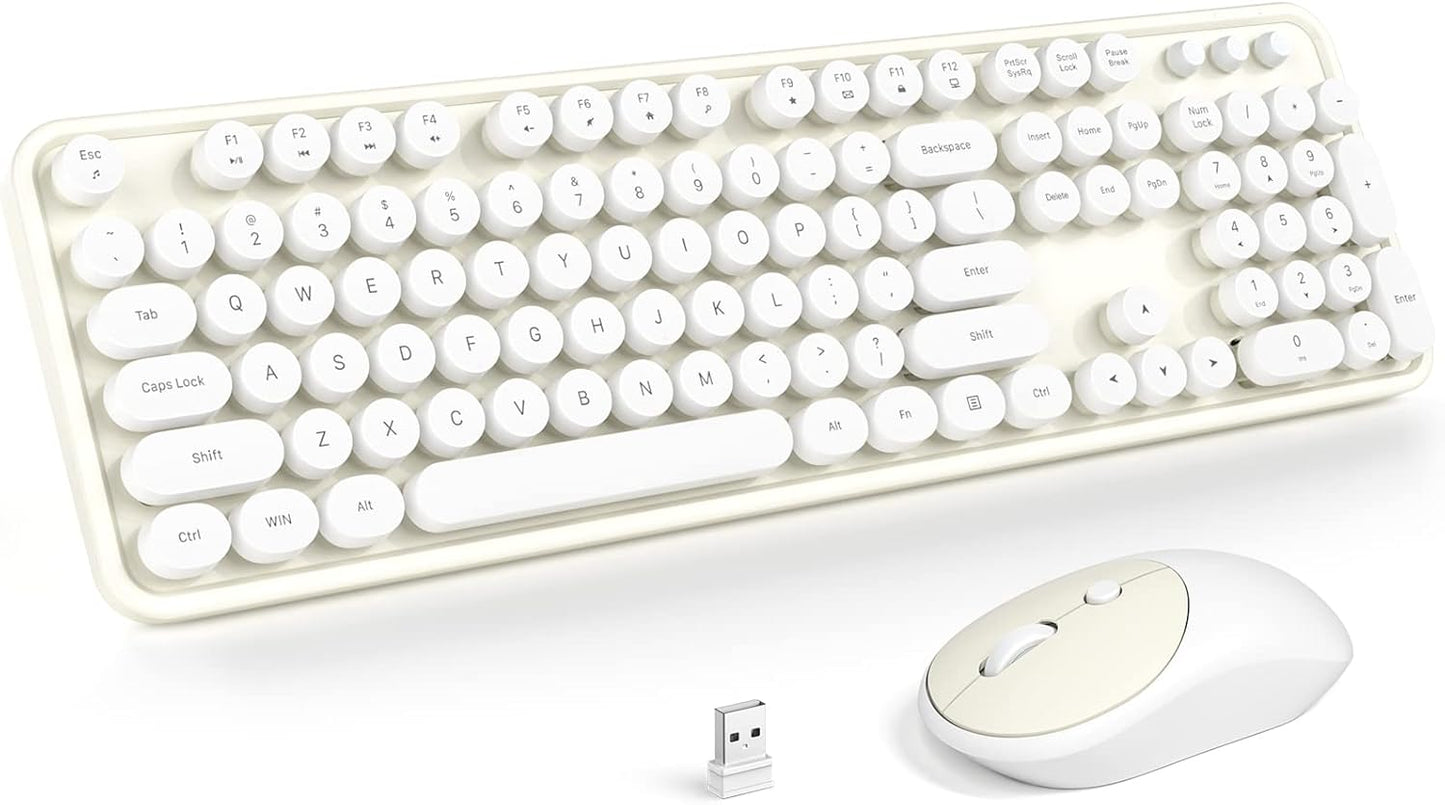 Wireless Keyboard and Mouse, Typewriter Full Size Keyboard with Number Pad and 2 in 1 USB Connected Mouse for Windows 7/8/10, Laptop, Desktop, PC, Computer (Off-White)