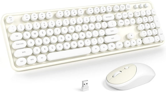 Wireless Keyboard and Mouse, Typewriter Full Size Keyboard with Number Pad and 2 in 1 USB Connected Mouse for Windows 7/8/10, Laptop, Desktop, PC, Computer (Off-White)