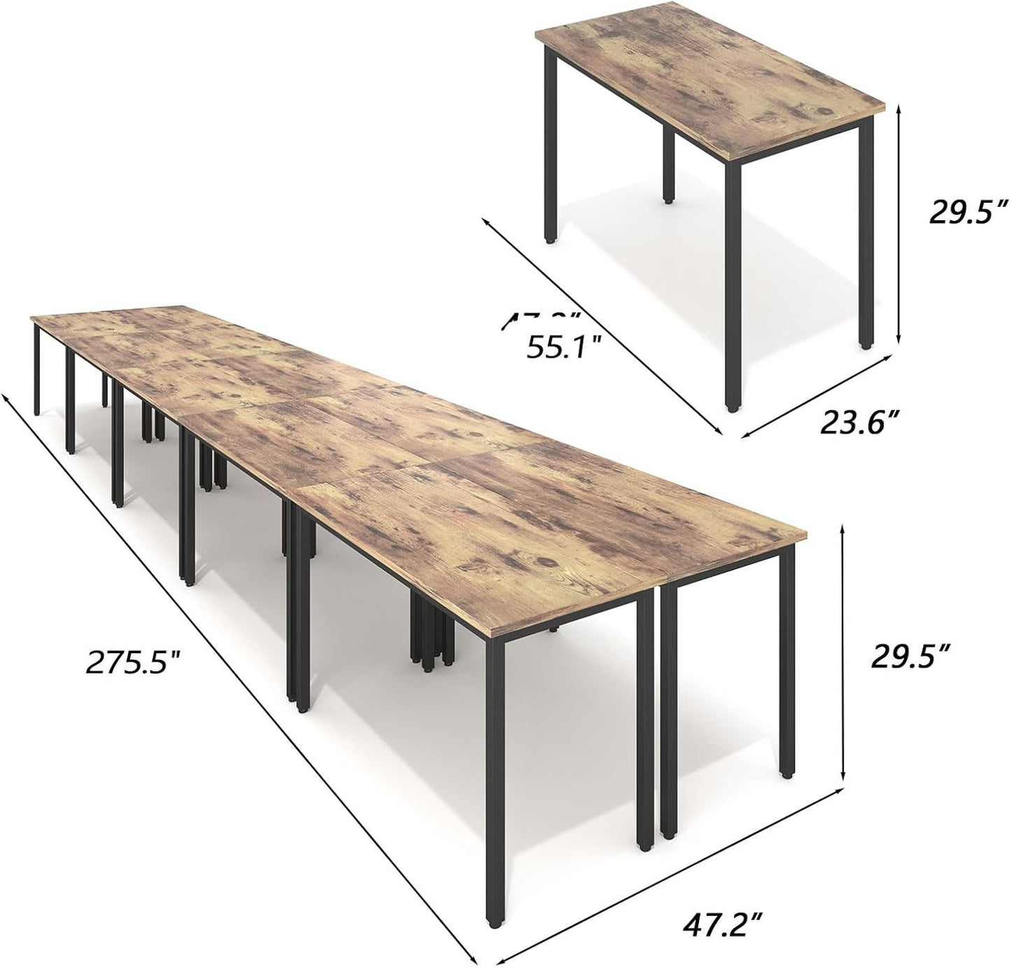 Bonzy Home Conference Tables 23ft Office Computer Desk for Meeting Room Study Writing Printer Podcast Table for 24 People Rustic Brown 10PCS 275.5"x47.2"x29.5"