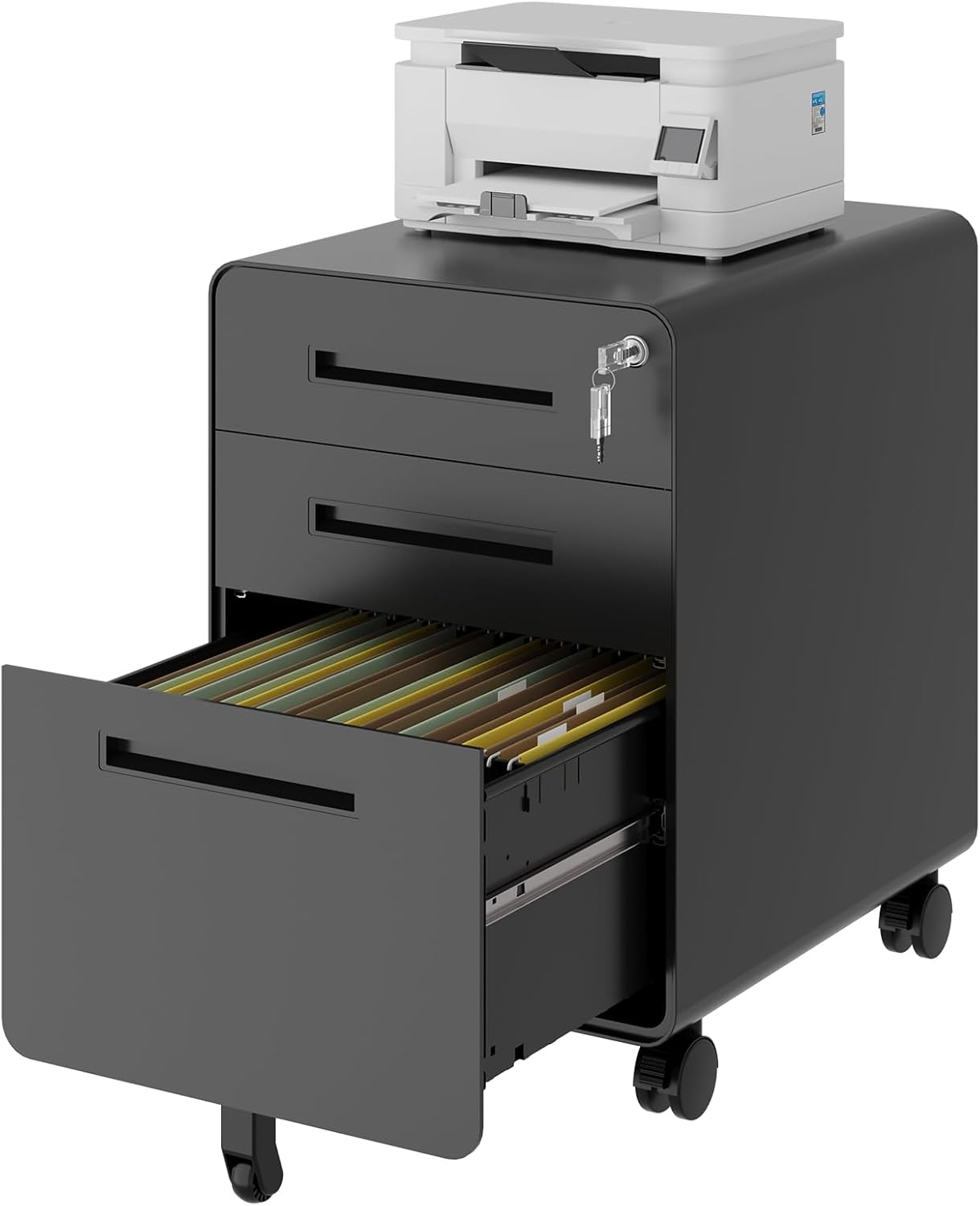 Rolling File Cabinet with Lock, 3 Drawer Metal Mobile Filing Cabinet Office Under Desk for Legal/Letter Size, Fully Assembled Except Casters