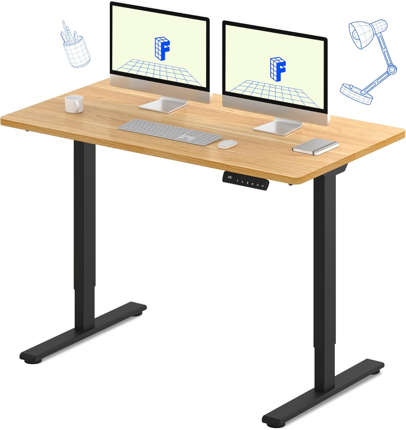 FLEXISPOT E3 Dual Motor Electric Standing Desk 55x28 Inch Whole-Piece Board Height Adjustable Electric Sit Stand Desk (Black Frame + Maple Desktop, 2 Packages)