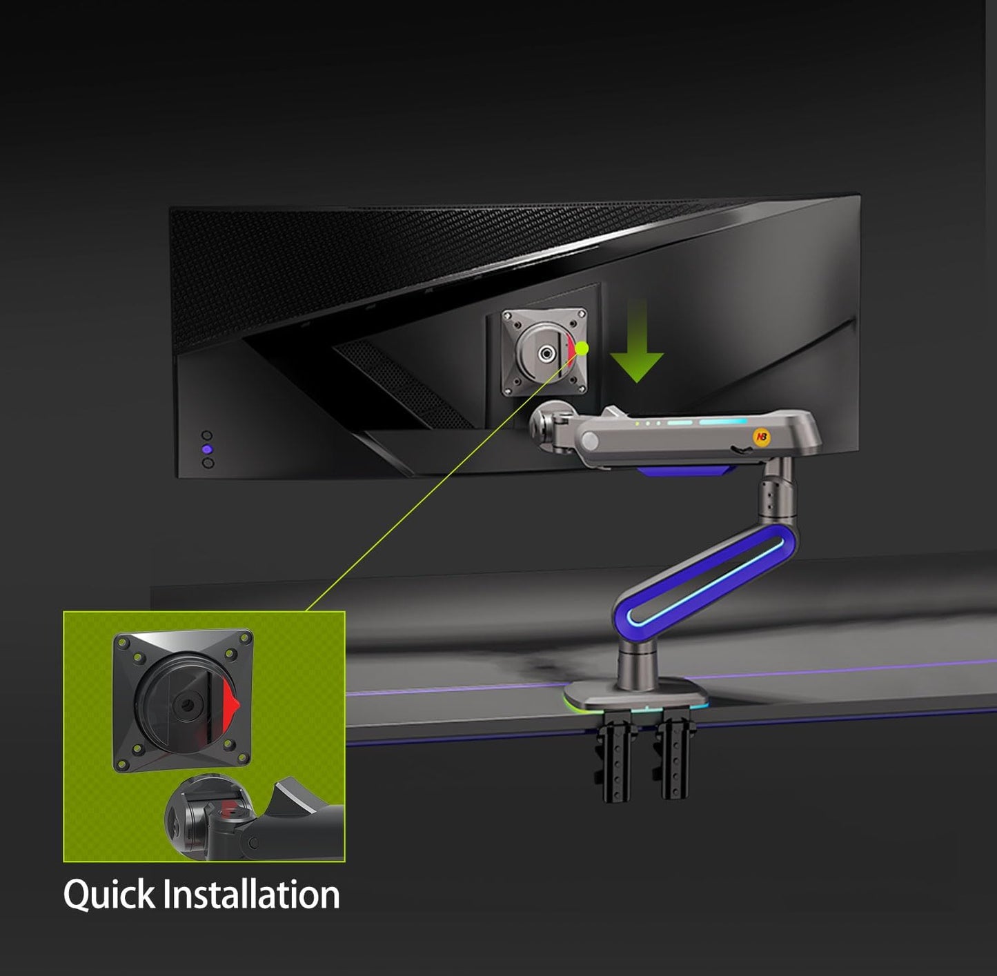 Designer Gaming Monitor Arm for 32 to 60 Inches Screen, Load up to 20 kg, VESA 75/100, RGB-Light, Heavy Duty, Multi Angle Adjustable, Premium Aluminum, Long Arm Extension Purple Blue