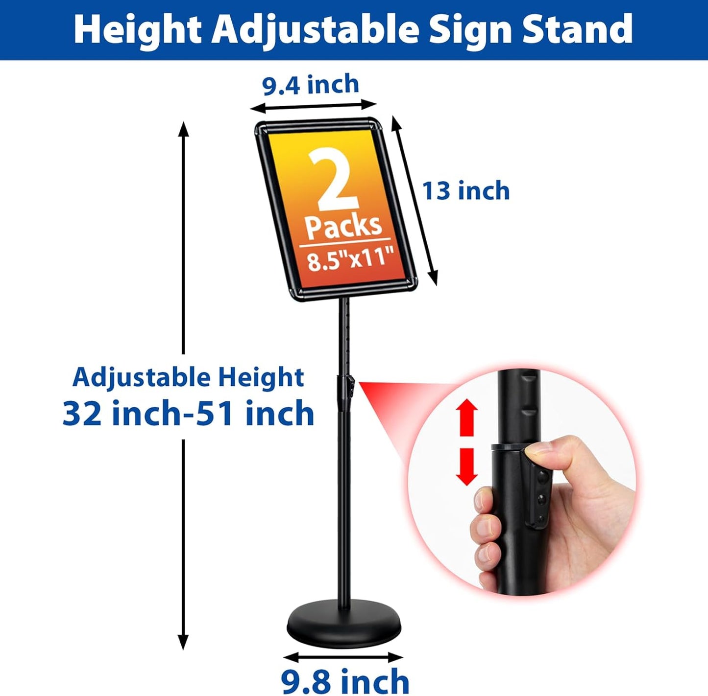 2-Pack 8.5x11 Inch Adjustable Sign Stand & Floor Standing Sign Holder - Pedestal Poster Stand with Vertical & Horizontal View Display for Indoor/Outdoor Business & Store Signage (Black)