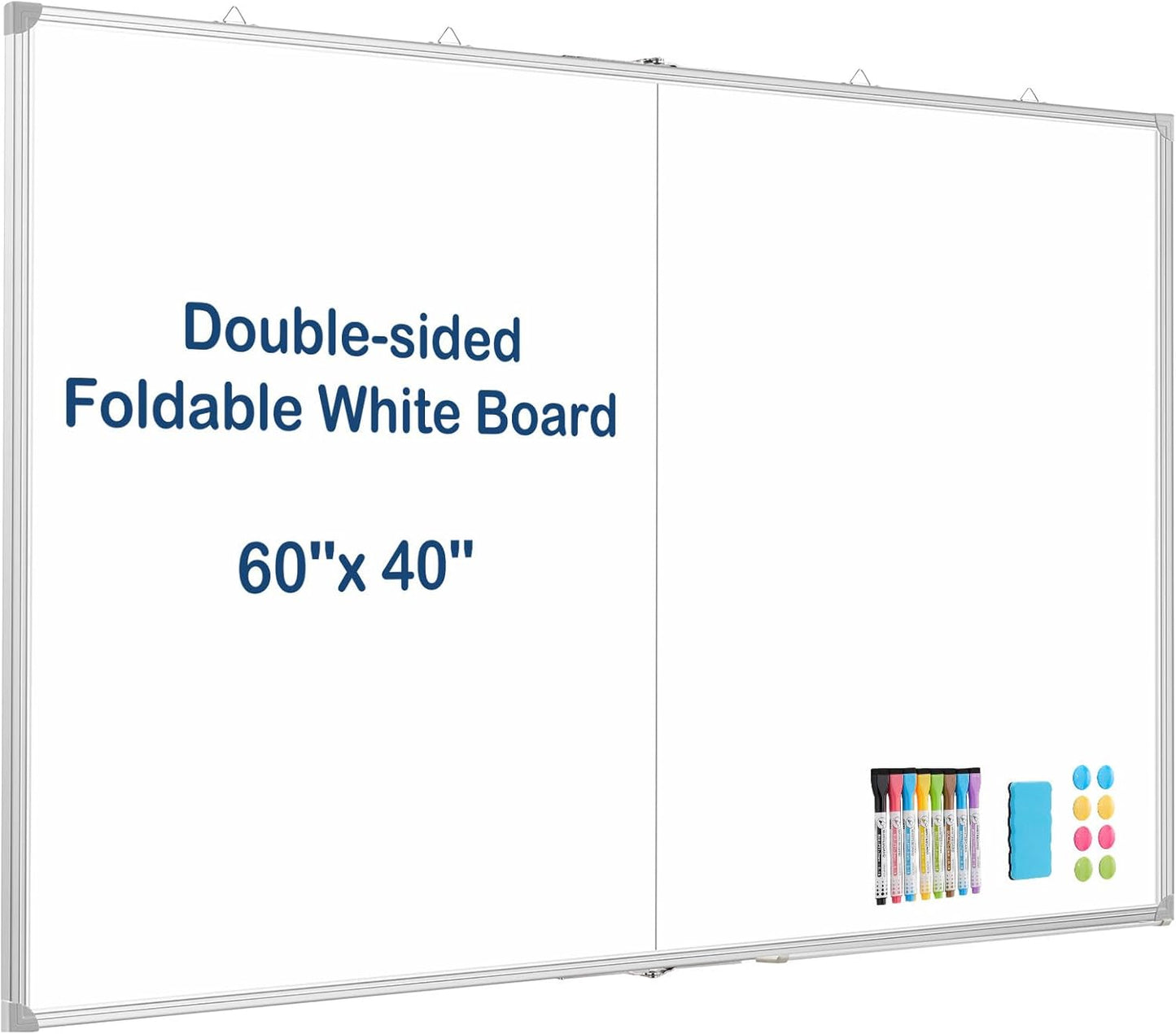 WALGLASS Large White Board Dry Erase Board, 60" x 40" Double-Sided Foldable Dry Erase Board for Wall, Magnetic Whiteboard for Office, Home, School, Kitchen