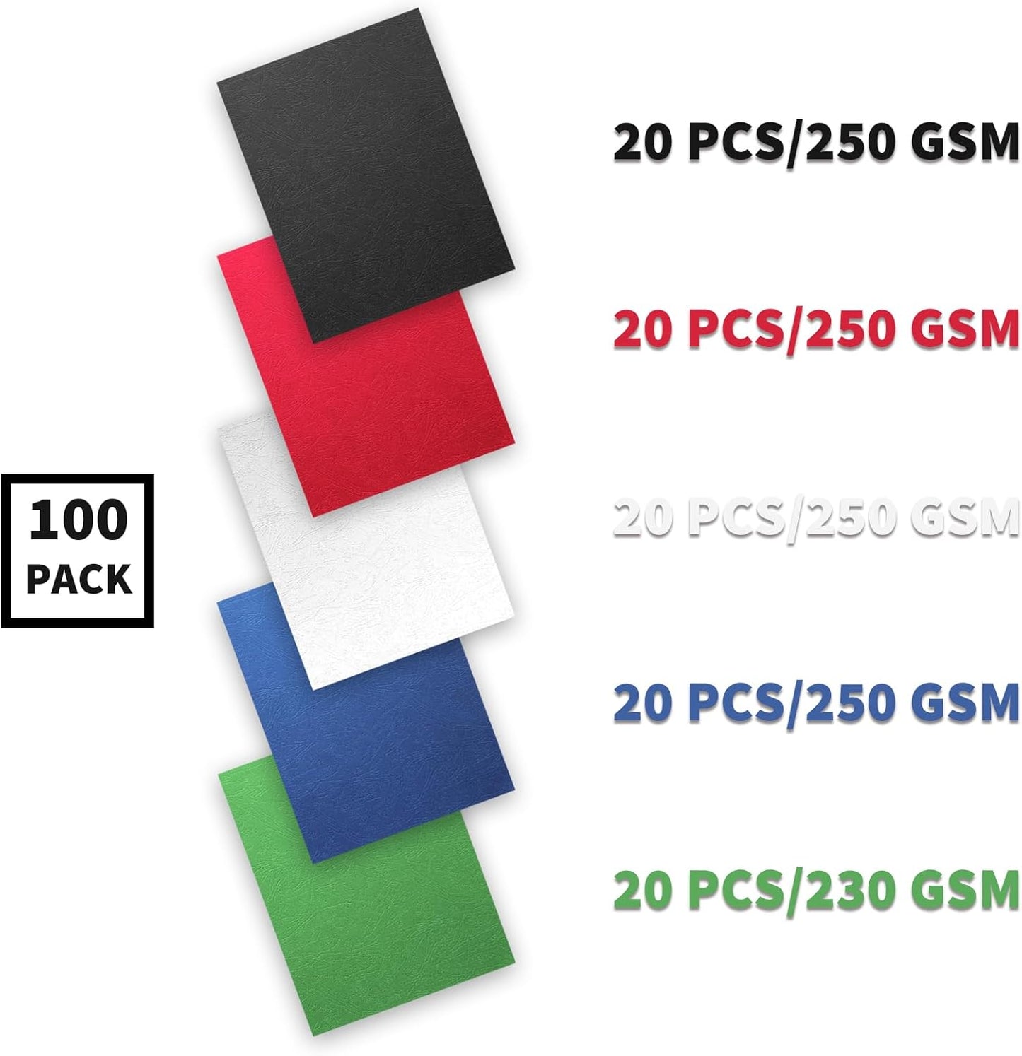 Binditek 100 Pack 13Mil Grain Texture Paper Binding Presentation Covers, 8-1/2 x 11 Inches 90lb, 250 GSM, Un-Punched, 5 Multi Colors (Black, White, Red, Green, Blue)