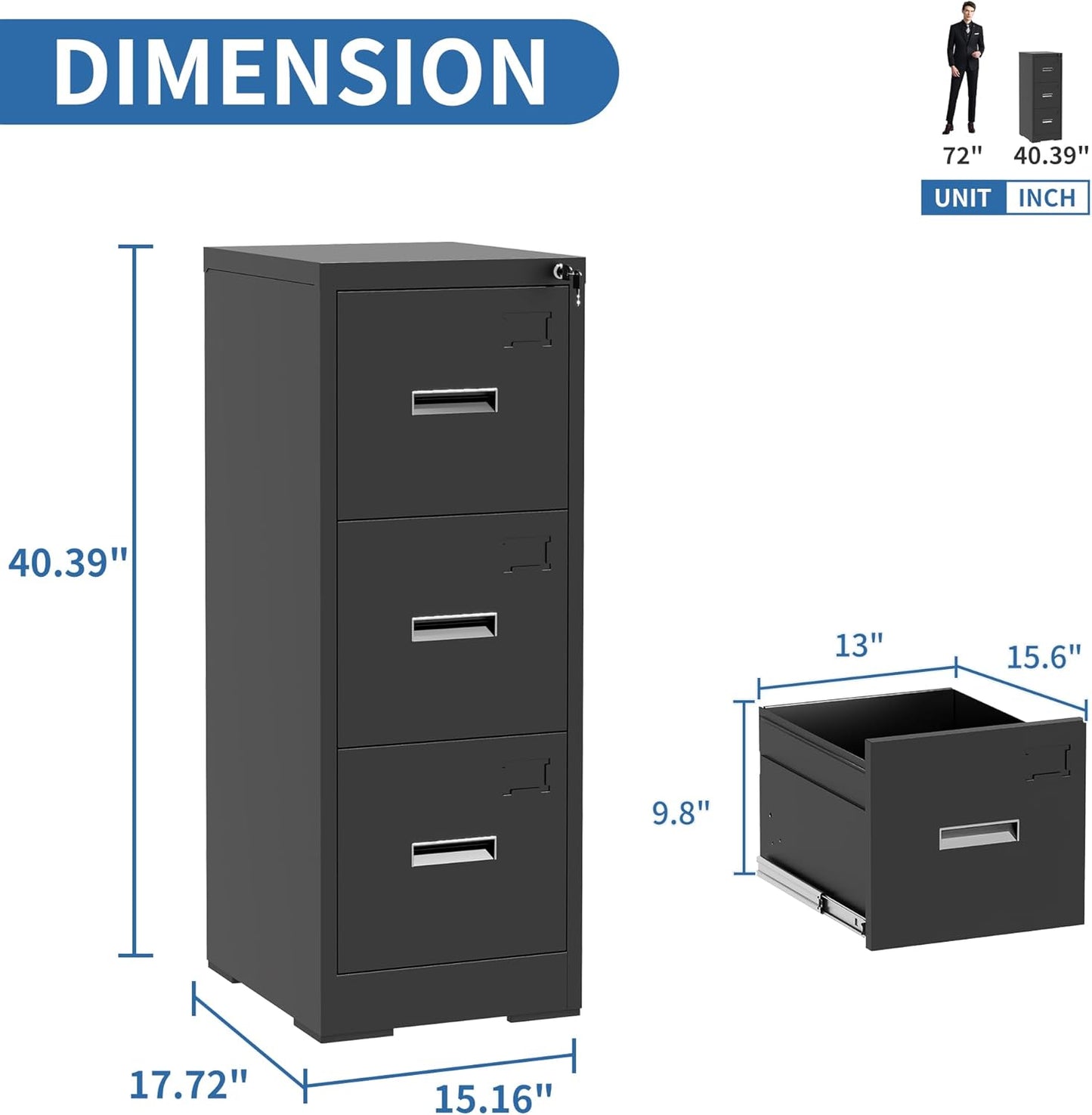 3 Drawer File Cabinet with Lock and Card Slot, Metal Vertical Filing Cabinets for Home Office, Steel Storage Cabinet for Hanging Legal/Letter Size Files, Assembly Required (Black)
