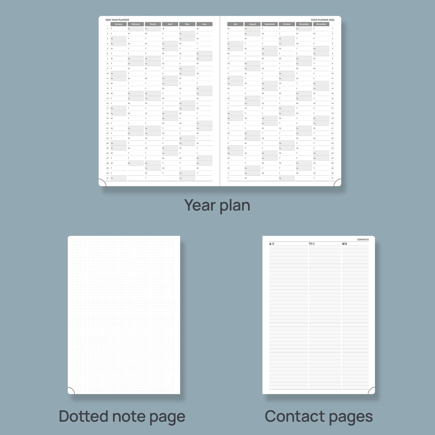 POPRUN 2026 Daily Planner One Page Per Day Even Weekends A4 Large Size (8.5" x 12") - 12 Months Calendar Hourly Appointment Book with Inner Pocket, Pen Holder, Hardcover - Haze Blue