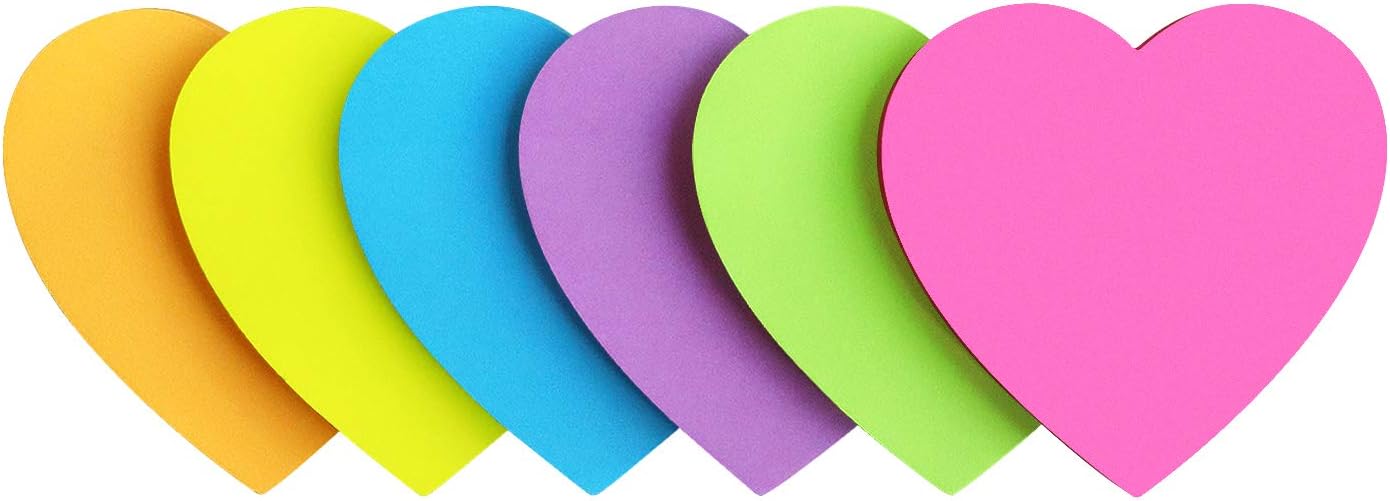 Heart Shape Sticky Notes 6 Color Bright Colorful Sticky Pad 75 Sheets/Pad Self-Sticky Note Pads