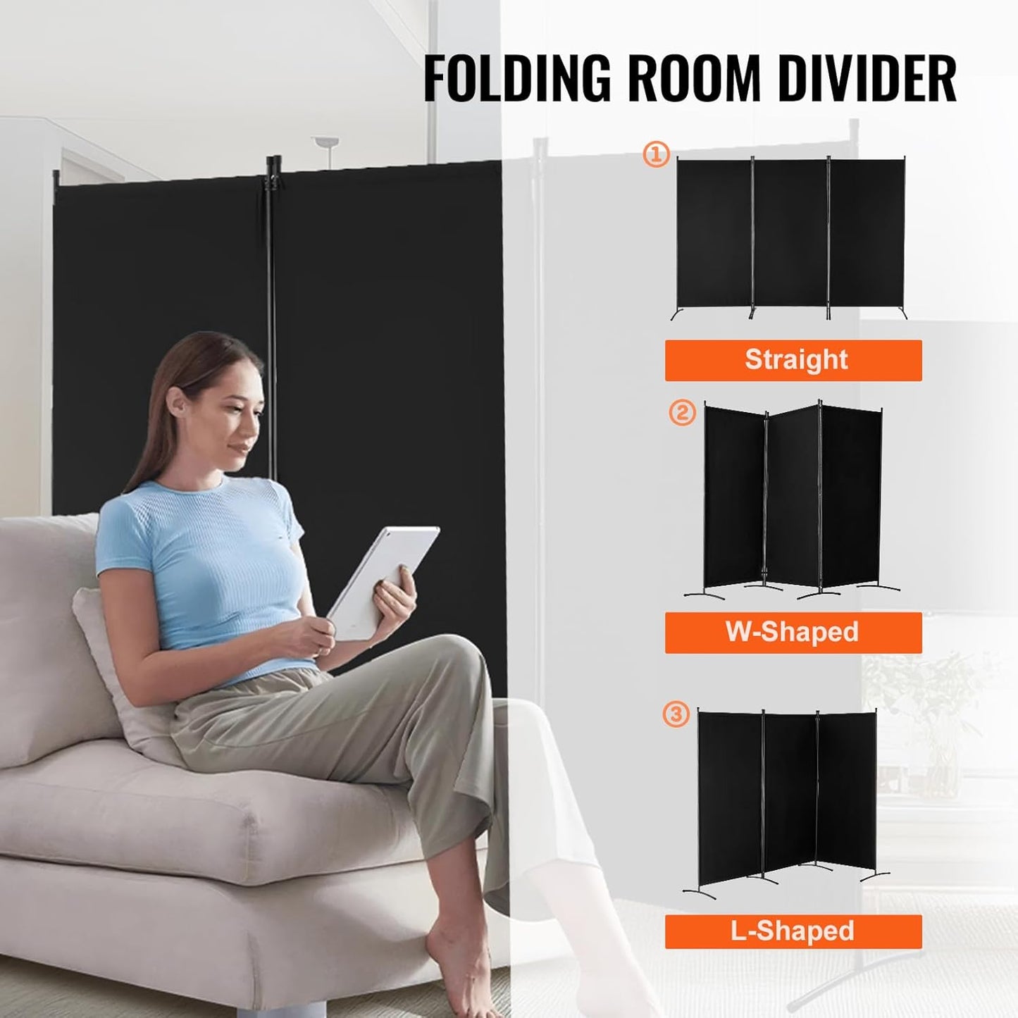 VEVOR Room Divider, 3 Panel Room Divider, Folding Privacy Screen and Portable Partition Divider for Room Separation, Freestanding Room Partitions for Office, Bedroom, Black