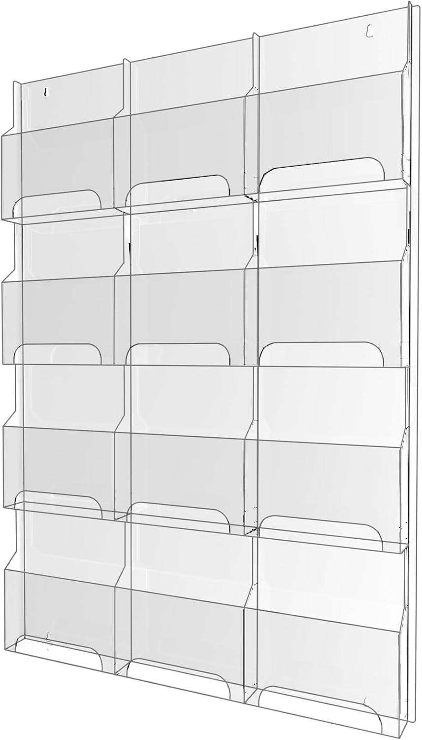 Acrylic Brochure Pamphlet Holder, 12 Magazine Holders, Clear Brochure Display Stand Wall Mount, Trifold Flyer Rack, Literature Storage Rack for Home, Offices, Waiting Room