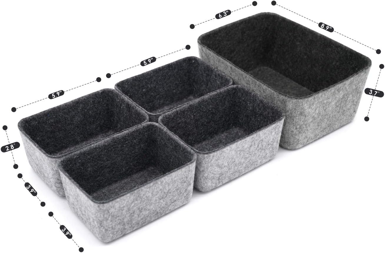 Welaxy office Drawer organizers bins Deep draw organiser Felt storage bin drawers Desk draw dividers boxes for toys makeup jewelery rolled ties organizing 5 pack (Charcoal)