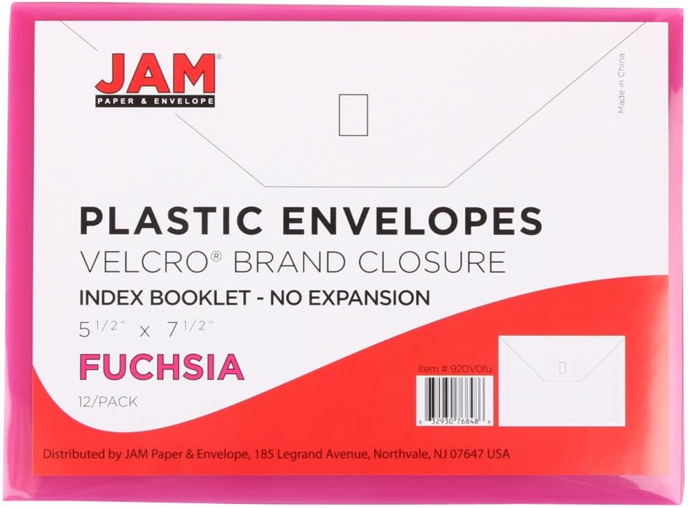 JAM PAPER Plastic Envelopes with Hook & Loop Closure - Index - 5 1/2 x 7 1/2 - Fuchsia Pink - 12/Pack