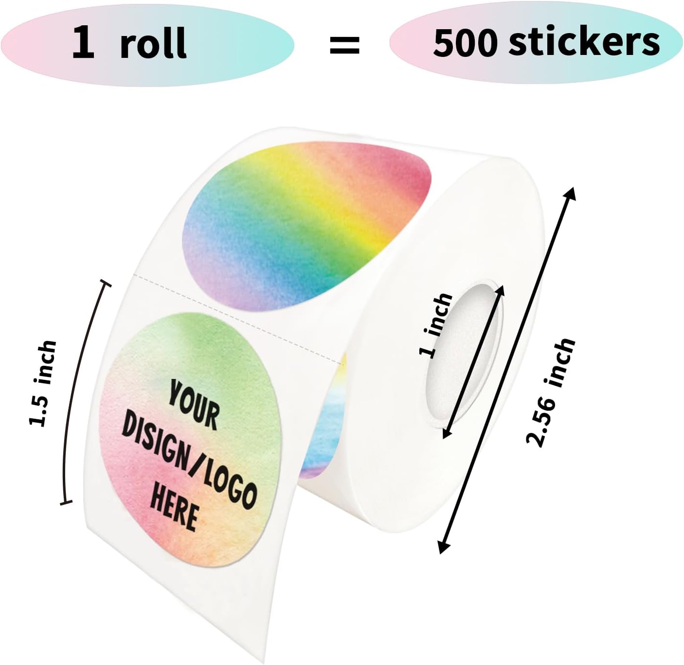 1.5 Inch Rainbow Round Thermal Sticker Labels, Self-Adhesive Circle Direct Thermal Labels, Multi-Purpose Roll Sticker Labels for DIY Logo Design with Perforation Line（ 500 Labels，1 Roll）