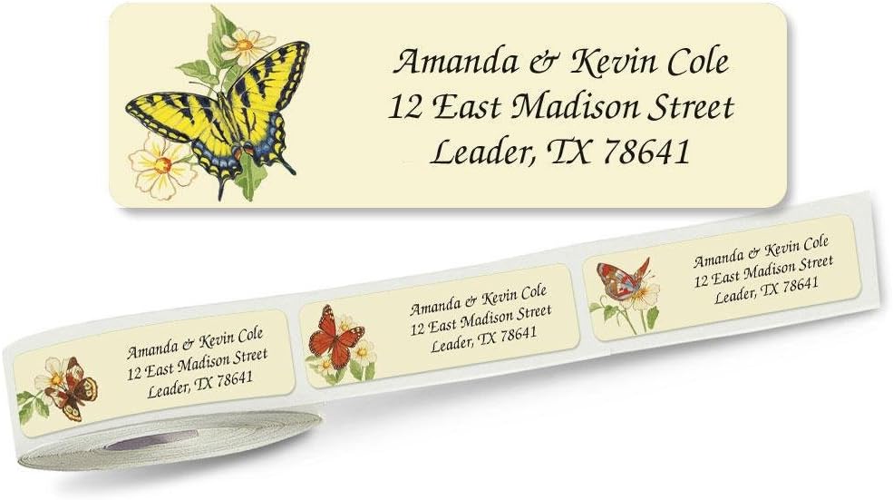 Butterflies Rolled Personalized Return Address Mailing Labels with Dispenser, Set of 500, 5 Designs, Small ¾ x 2½ Inch Size, Custom Self-Adhesive Sticker Roll, by Colorful Images
