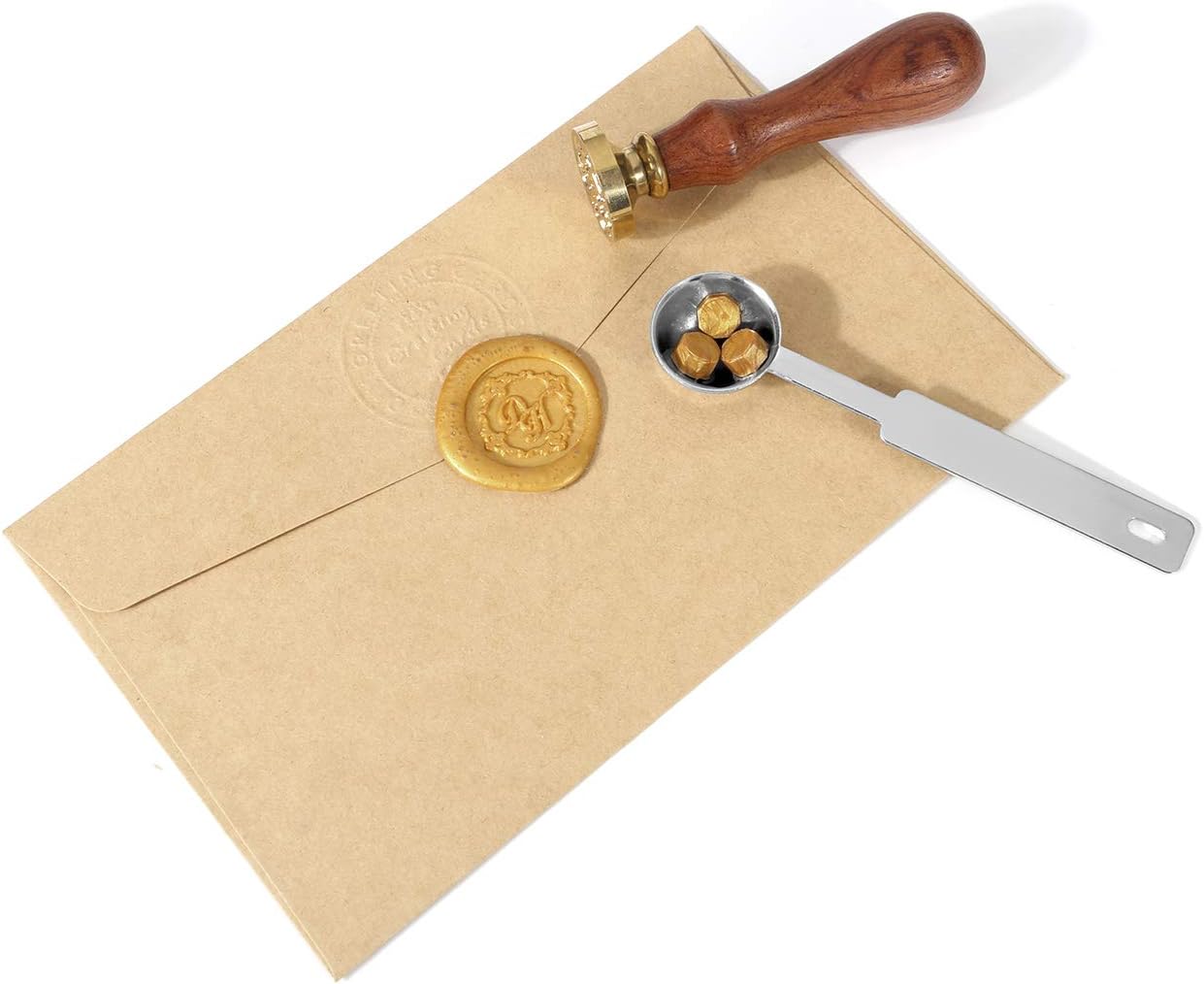 Yoption 300 Piece Octagon Seal Wax Beads with 4 Candles and 2 Melting Spoons for Wax Seal Stamp (Gold)