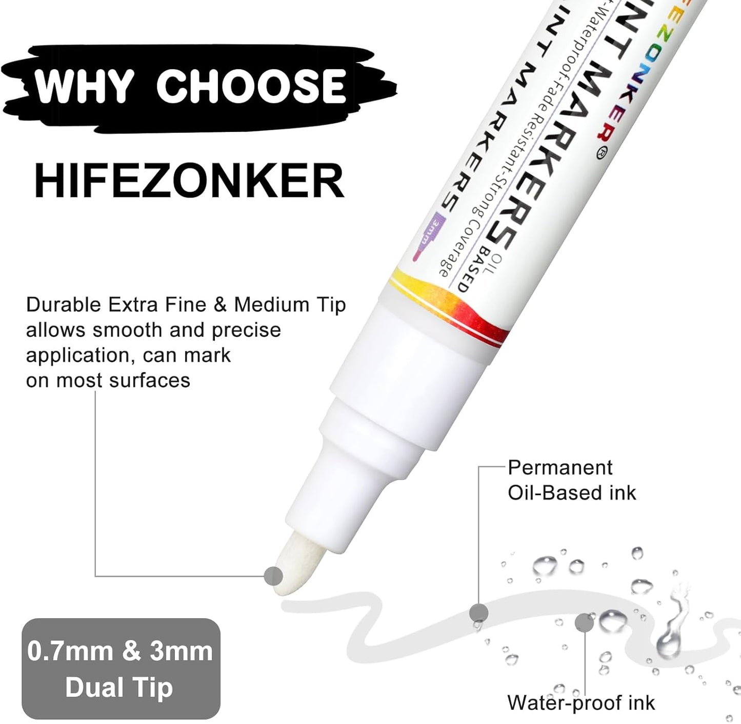 White Paint Pen Marker - 2 PCS Dual Tip Oil Based Permanent Markers, Extra Fine and Medium Tip (0.7mm & 3mm), Quick Drying, Waterproof, for Fabric