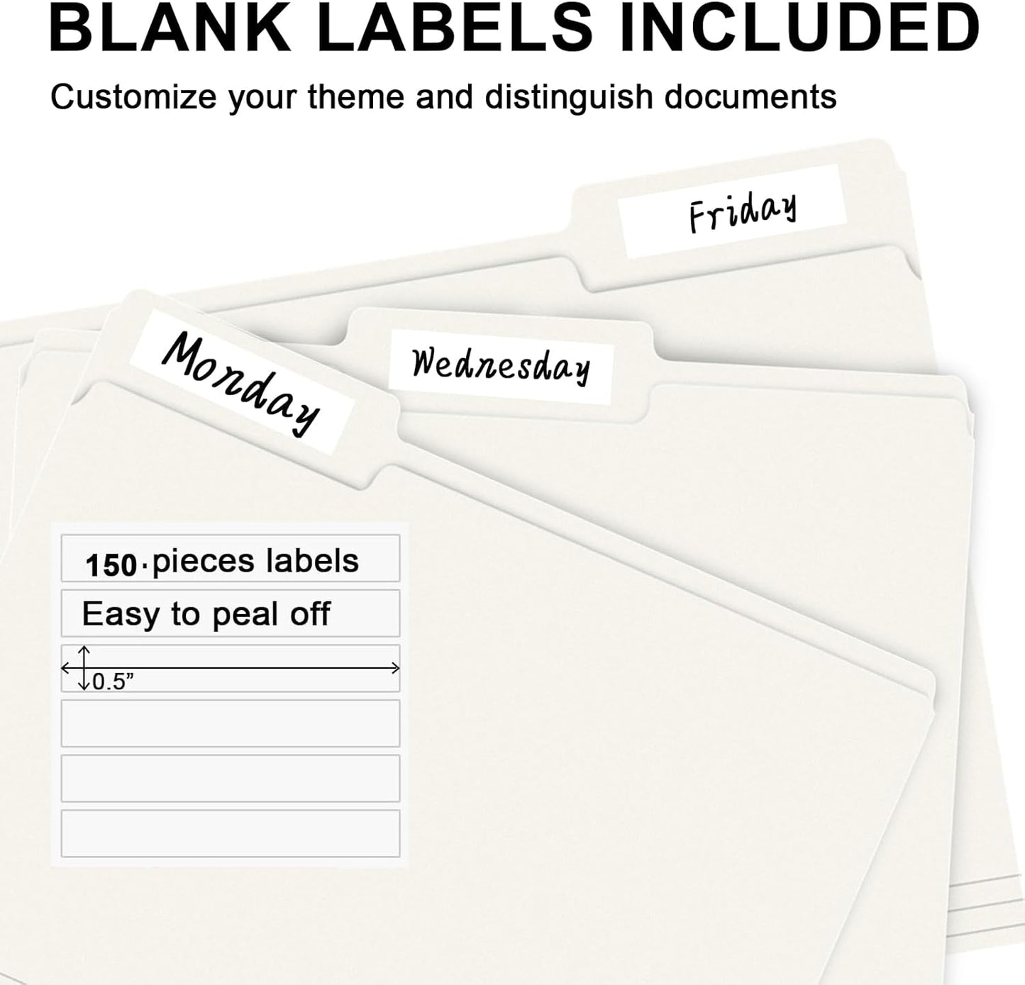 File Folder, RAZCC 150 Pack 1/3 Cut Tab File Folders Letter Size, Folders for Dcouments, Folders with Tab Great for Organizing and Easy File Storage, White