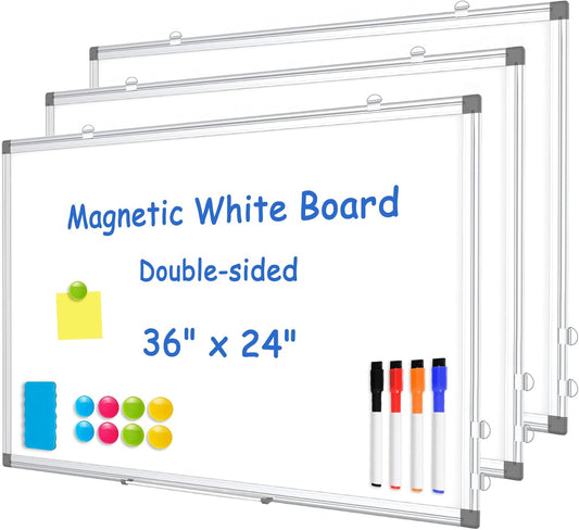 WALGLASS 3 Pack White Board, 36" x 24" Double-Sided Dry Erase White Board for Wall, Hanging Mounted Whiteboard, Horizontal or Vertical Silver Aluminium Frame for Home, School, Office, Kitchen