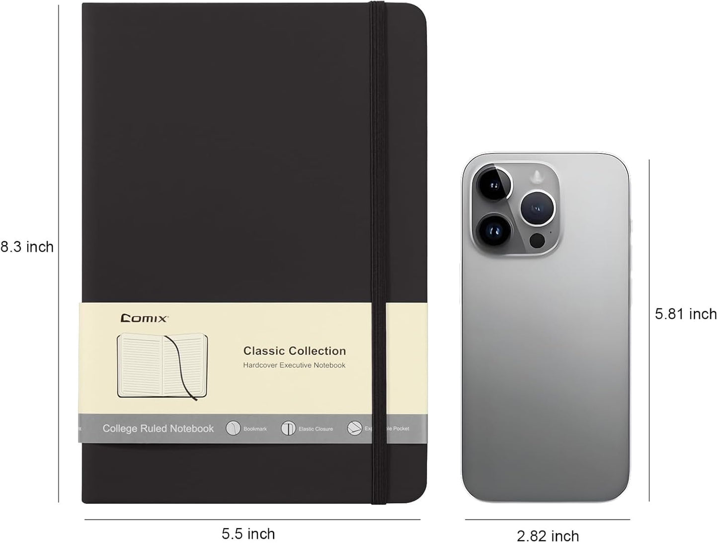 Comix 6 Pack Lined Journal Notebooks for Work, 240 Pages, 5.5"x8.3", Black, Hardcover, A5 Medium College Ruled, Journaling Notebooks for Notes-taking, Fits for Office School Home