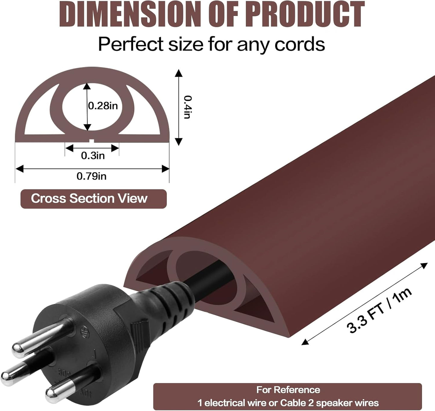 Floor Cord Cover Self Adhesive Cord Hider,3.3FT Cable Management, Extension Strip Protector for Wires, Prevent Cable Trips for Offices, Gyms, Exhibitions Cavity:0.3"(W) x 0.28"(H) Coffee