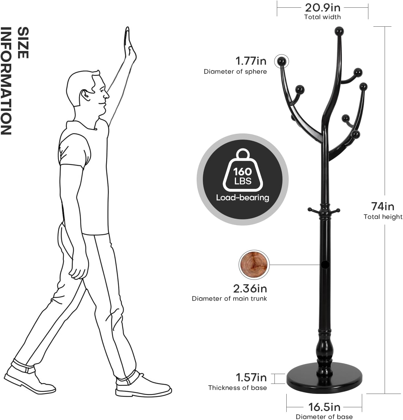 Wood Coat Rack Coat Tree Freestanding with Hooks, Heavy Duty Standing Coat Rack with Solid Round Base, 74” Tree Shaped Coat Hanger Stand for Clothes, Hat, Jacket, Entryway Bedroom, Balck