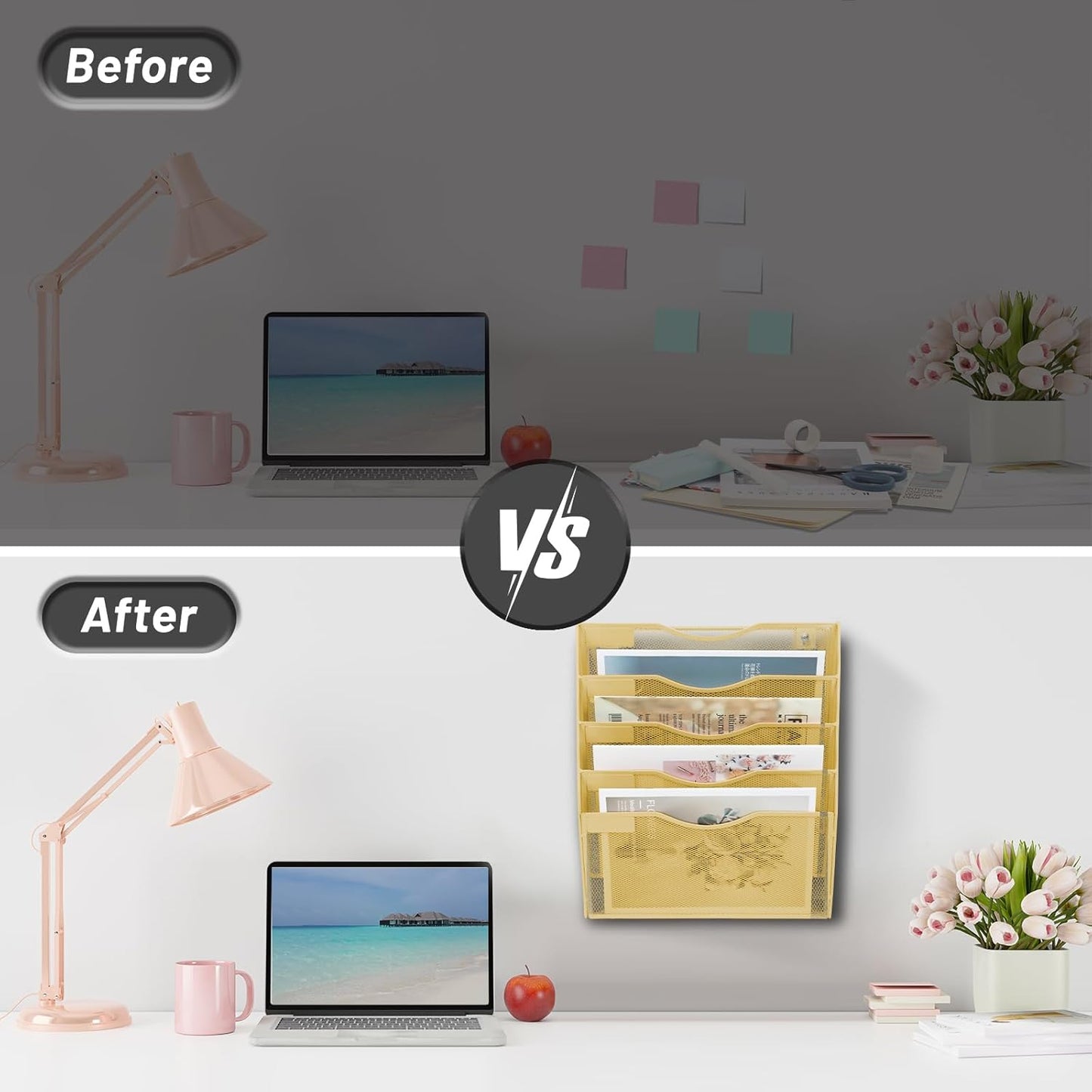 EASEPRES 5 Pocket Mesh Hanging Wall File Organizer, Wall Mounted Mail Paper Document Folder Holder, Clipboard Storage Organization Magazine Rack with Nametag Label for Office Home School, Gold