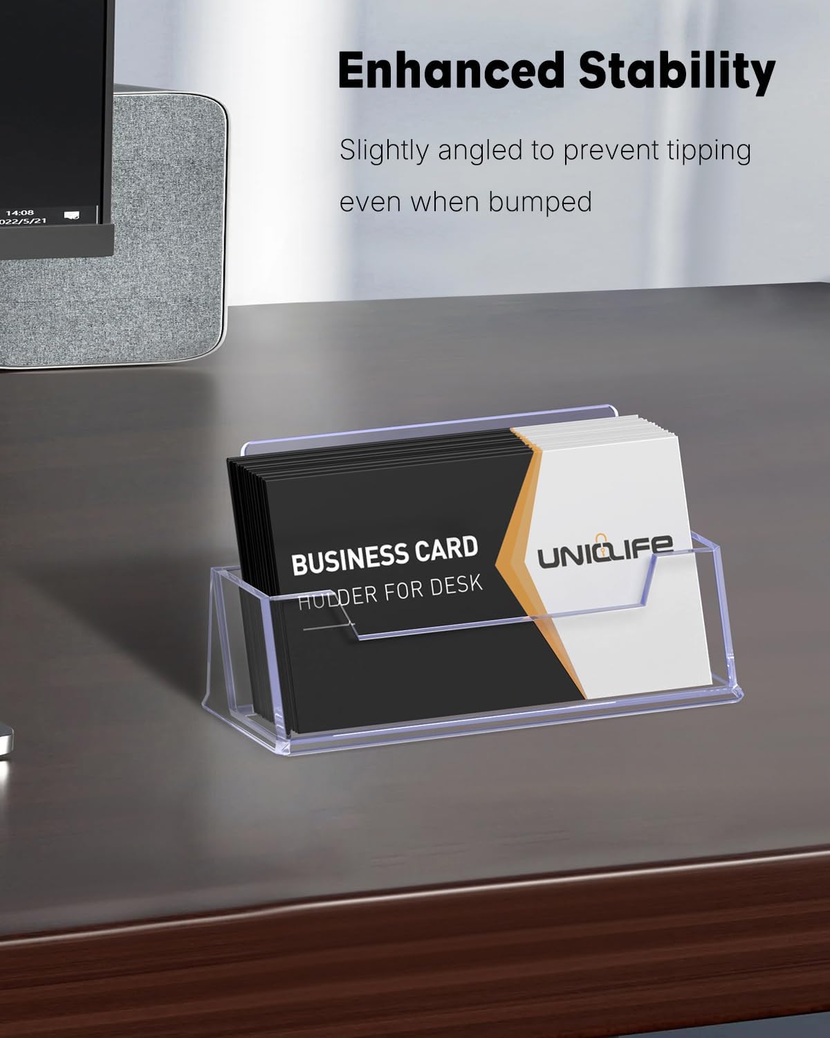 Uniclife 2 Pack Acrylic Business Card Holder for Desk 1 Slot Clear Business Card Display Stand for Men & Women Desktop Business Card Organizer Card Stand for Office Home Exhibition, 60 Card Capacity