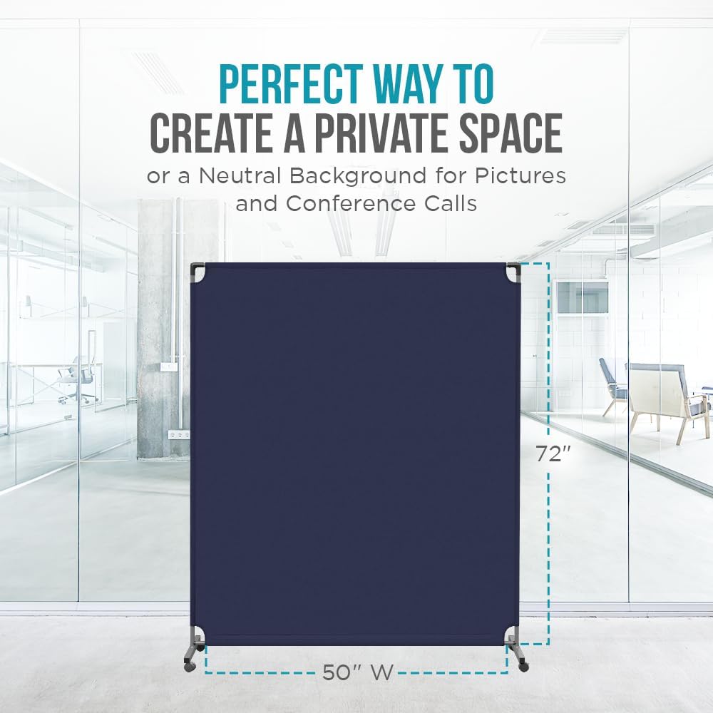 Steel-AID 50-inch Rolling Privacy Room Divider - Freestanding Office Wall Partition with Non See-Through Blackout Screen - Sturdy & Durable Iron Frame - Rolling Wheels - Black, White, Gray & Blue