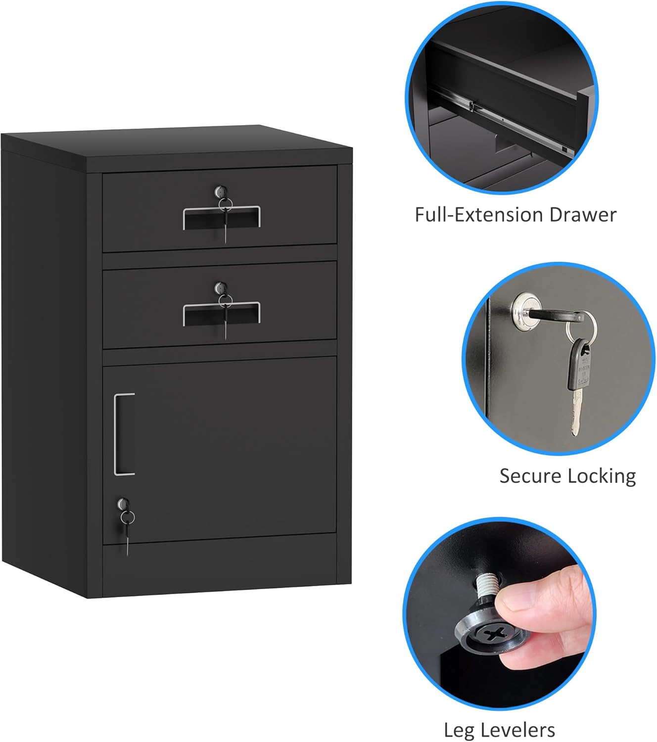 Metal Storage Cabinet with Locking Door and 2 Lockable Drawers for Home Office Bedroom Living Room (Black)