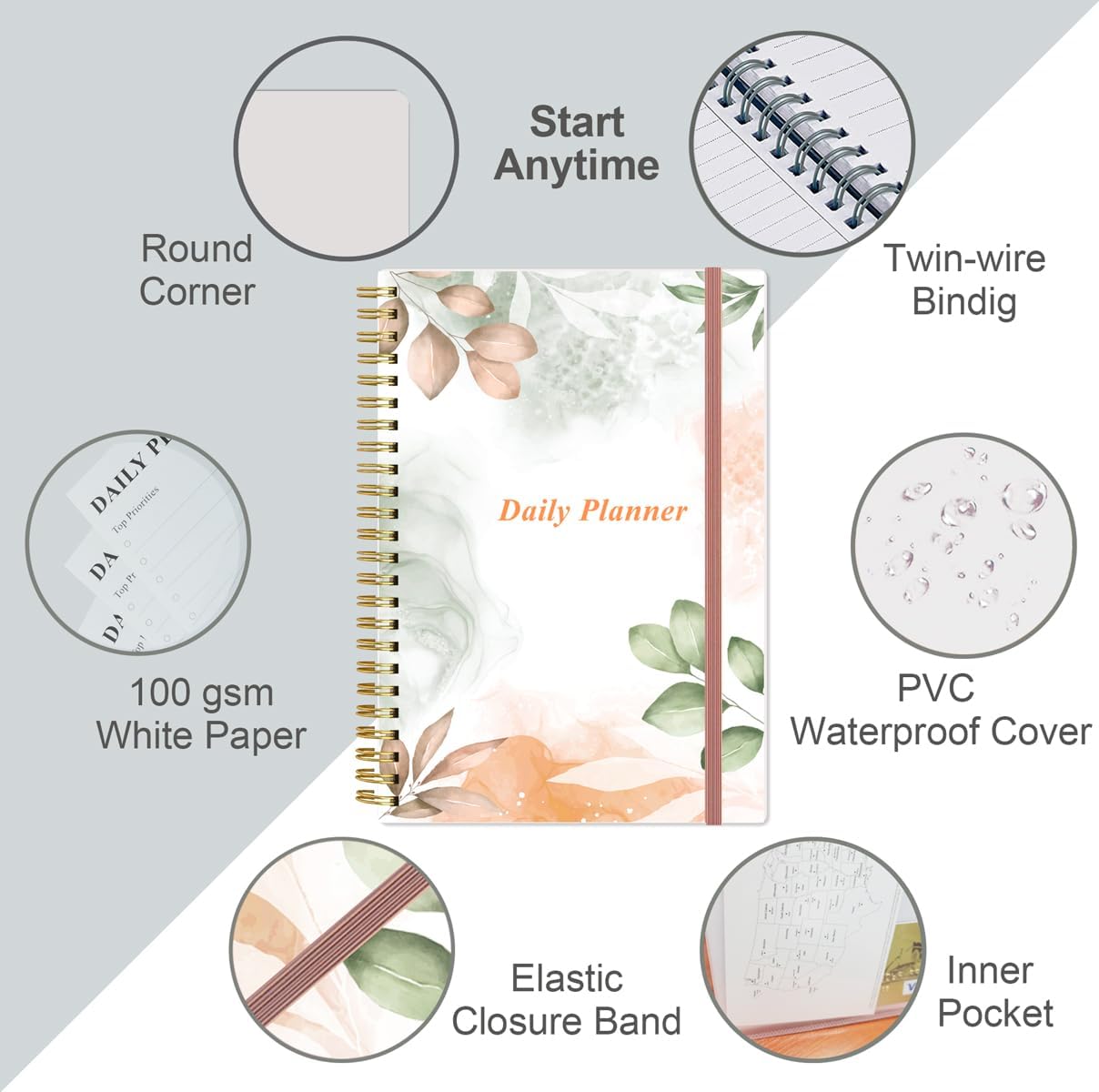 Daily Planner Undated - A5 To Do List Notebook Hourly Schedules, Spiral Appointment Planner for Women and Men, PVC Hardcover, Inner Pocket, Elastic Closure, 5.8" x 8.3", Rose Leaf