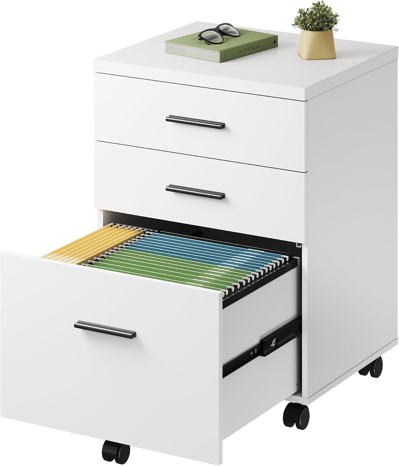 DEVAISE 3 Drawer File Cabinet for Home Office, Wood Under Desk Filing Cabinet, Rolling Printer Stand with Wheels, White