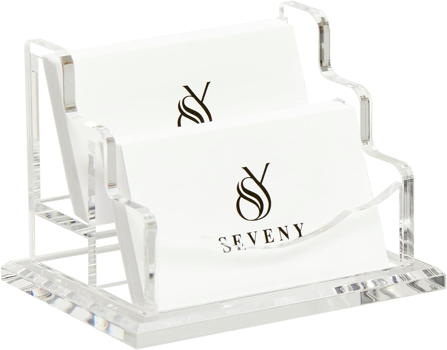 SEVENY Business Card Holder, Clear Acrylic Cards Organizer Stand for Men and Women, Business Cards Case Rack 1 Pack, Holds 120 Cards-2 Slot