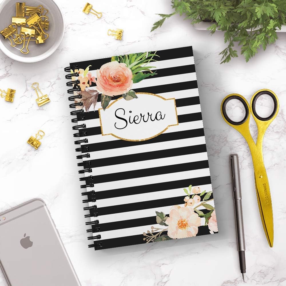Classic Floral Personalized Notebook/Journal, Laminated Soft Cover, 120 pages of your selected paper, lay flat wire-o spiral. Size: 5.5” x 8.5”. Made in the USA