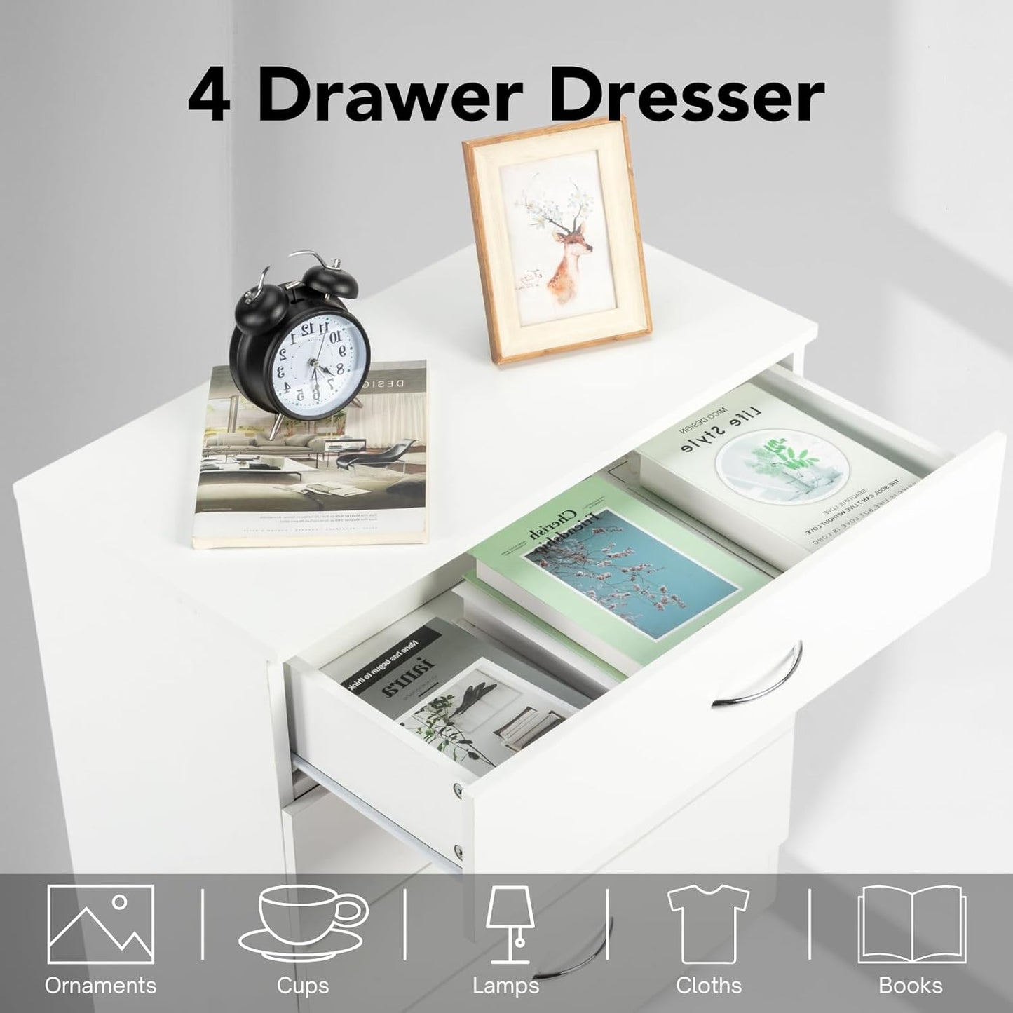 Karl home 4 Drawer Dresser for Bedroom, Small Chests of Drawers Modern Nightstand, White Dresser Chest with 4 Storage Drawers, Dressers for Nursery, Hallway, Living Room, Closet