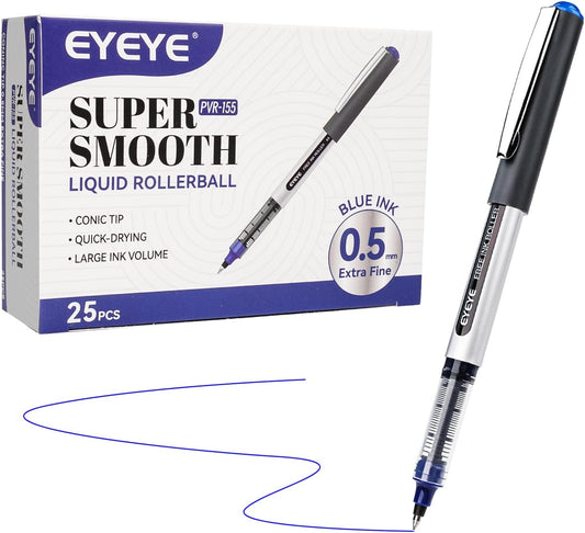 EYEYE 25 Pack 0.5mm Blue Rollerball Pens Extra Fine Point Quick Dry, Liquid Ink Pens Fine Point Smooth Writing Pen for Journaling, Note Taking, Office, School Supplies