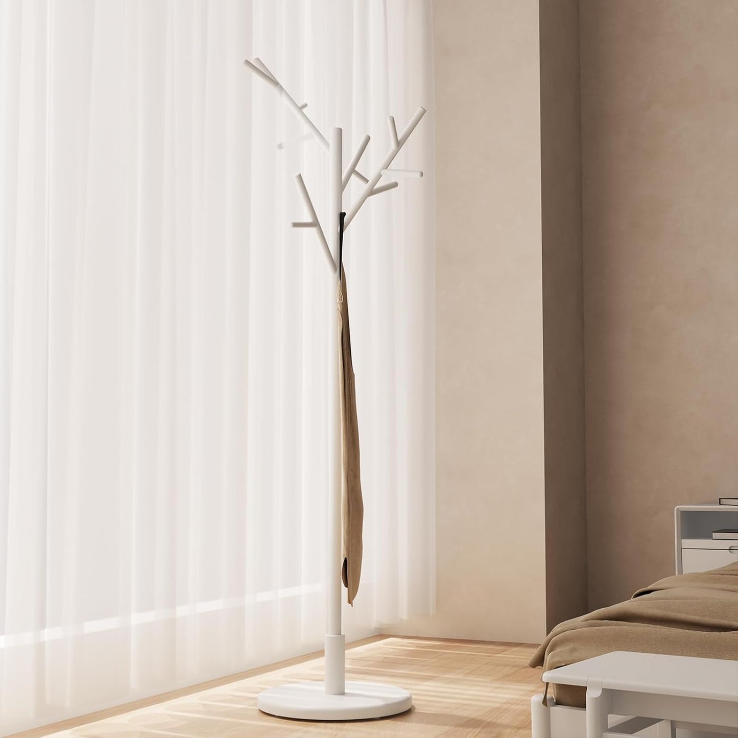 Coat Rack, Solid Wood Coat Rack Freestanding with 12 Hooks, Coat tree freestanding 3 Adjustable Heights for coat, Hats, Handbags，Coat Stand for Entryway,Bedroom (White)