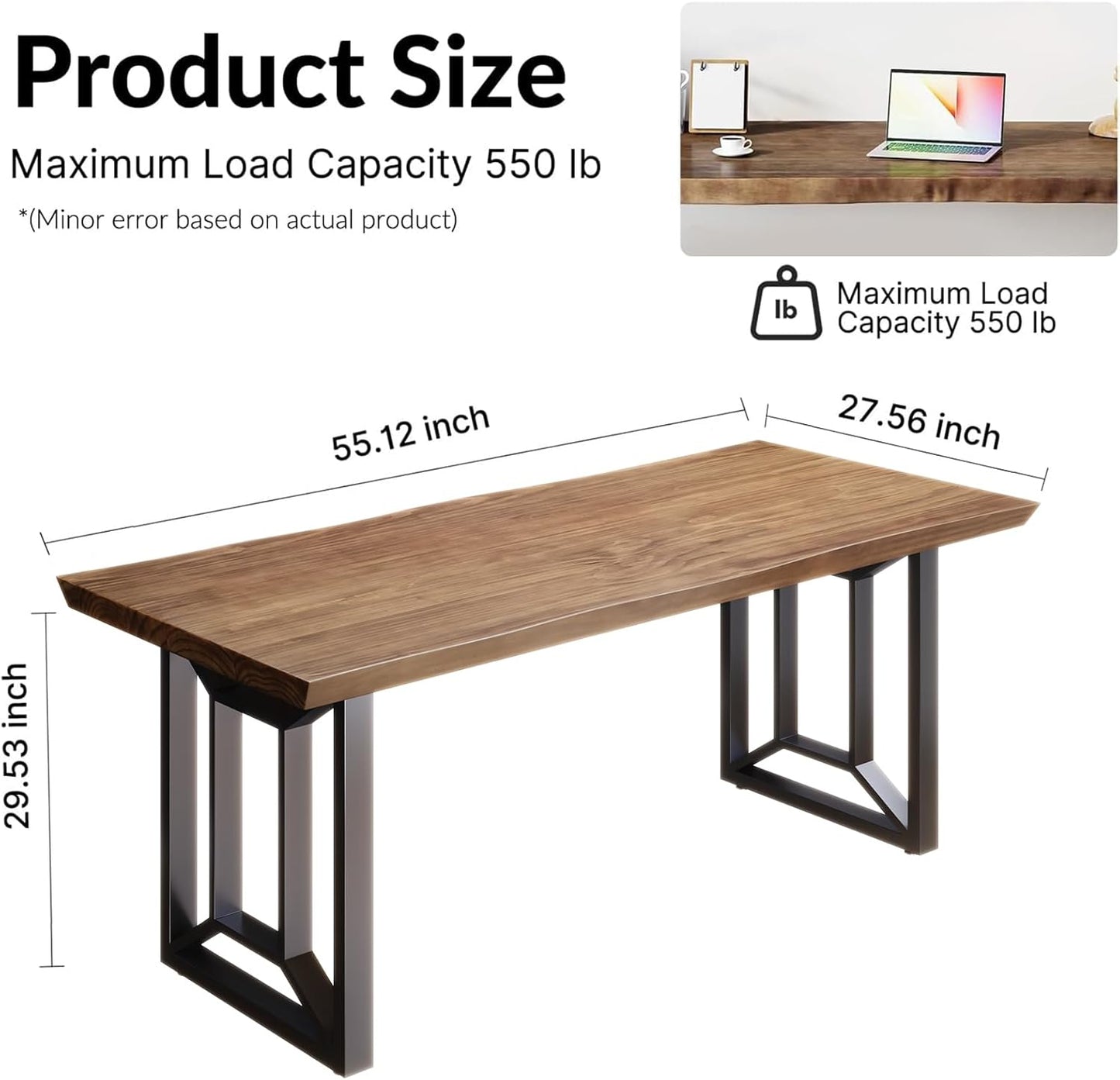 Solid Wood Computer Desk Study Office Desk 55" Writing, Modern Simple Style PC Table, Black Metal Frame, Solid Wood Planks 55" D x 27" W x 29" H for Home Office Bedroom,Rustic Brown