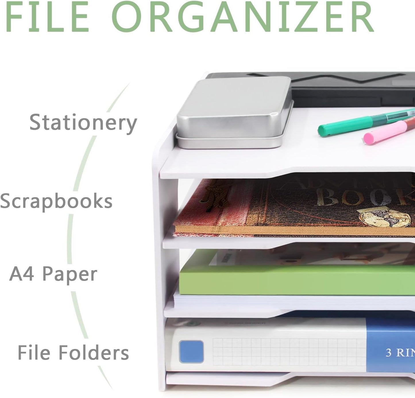 SONGWAY Scrapbook Paper Organizer 12x12-4 Tier File Organizer for Desk, 12x12 Stackable Scrapbook Paper Storage Trays, Desktop File Storage Cube for Home Office School