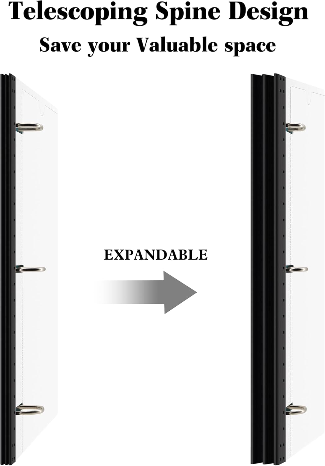 INFUN 1 Inch Telescoping 3 Ring Binder - 1PCS-White，Flexible Binders with Customizable Front Cover and Clear Catalog Pocket, 1Inch Rings, 225 Sheet Capacity