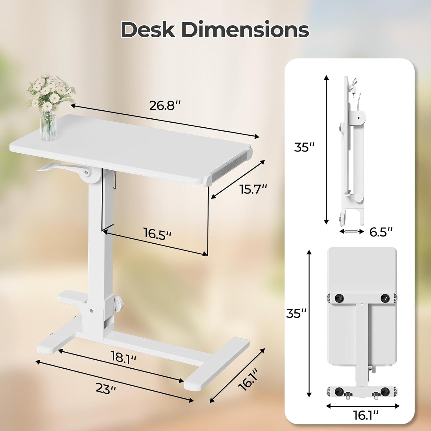 Foldable Mobile Standing Desk, 27 Inch Small Rolling Laptop Cart Height Adjustment, 90° Tiltable Bedside Table, No Assembly Needed Portable Computer Workstation, White