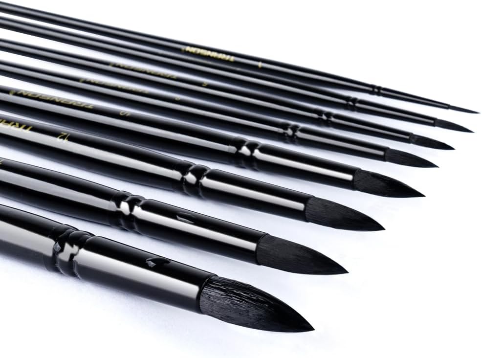 Transon 8pcs Round Watercolor Paint Brush Set Goat Hair for Watercolors,Acrylics,Inks,Gouache,Oil and Tempera Black Color