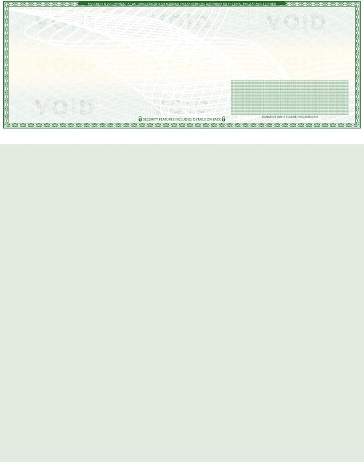 500 Blank Check Stock - Check on Top Art Deco- Paper Weight # 70"High Security" Check Paper Green Art Deco