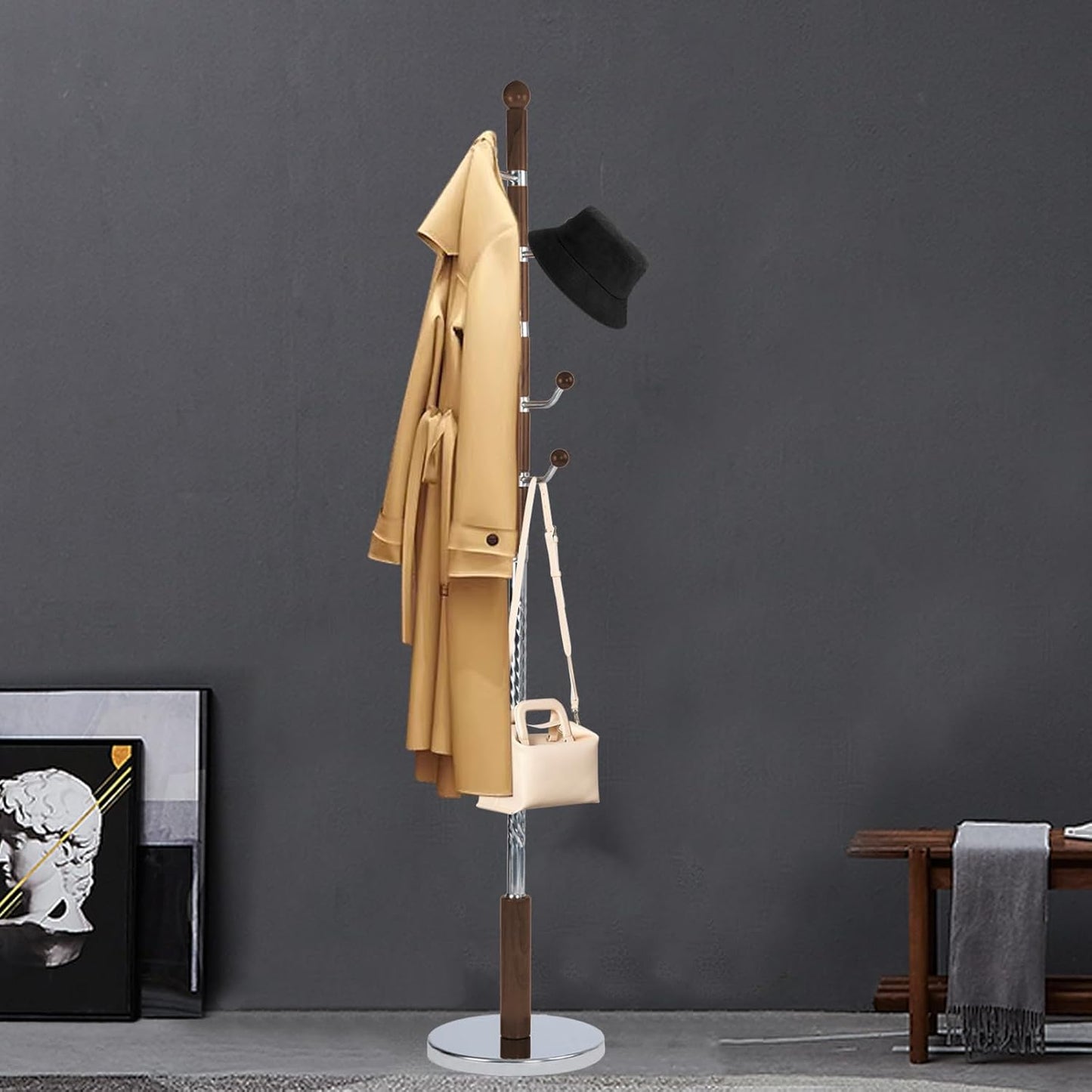 Coat Racks FreeStanding with 11 Hooks, Natural Wood Coat Rack with Solid Round Base, Adjustable Height Coat Racks, Easy Assembly for Hallway, Bedroom and Office (Walnut Metal)