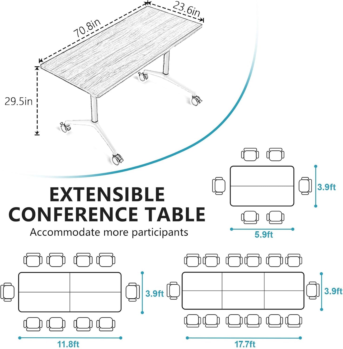 Conference Room Table, Folding Conference Tables,Thicken Grey Tabletop,Flip Top Wooden Seminar Meeting Room Table for Conference Room Offices (4, Grey, 70.8”)