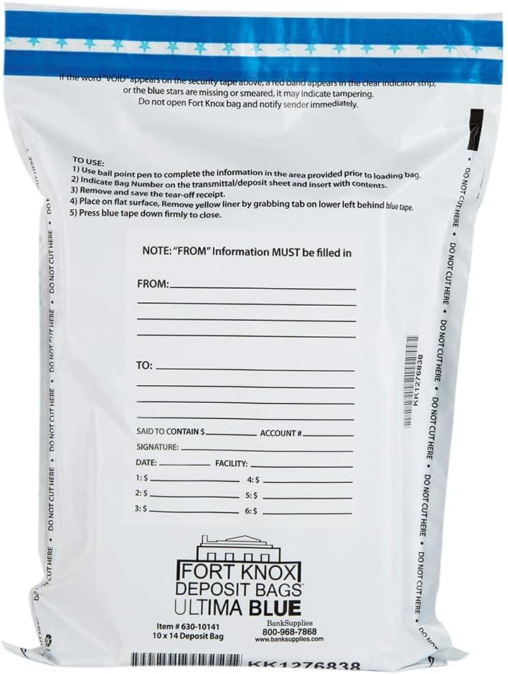 BankSupplies Ultima Blue White Discreet Bank Deposit Bags | 10W x 14H | Pack of 500 | Captive Flap Closure | Tamper Evident Tape | Opaque & Secure | Write-On Panel | Security Bags for Cash